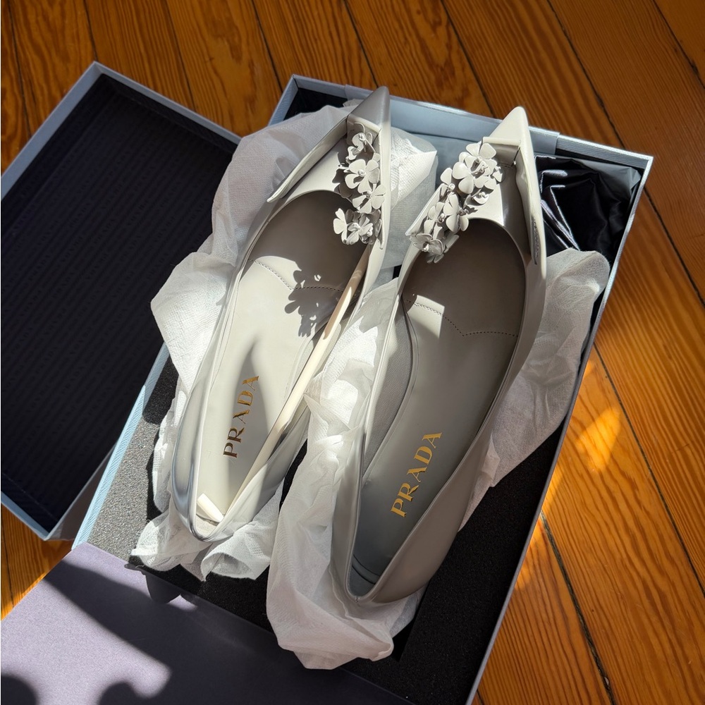 Prada Cream Pointed-Toe Floral Embellished Flats